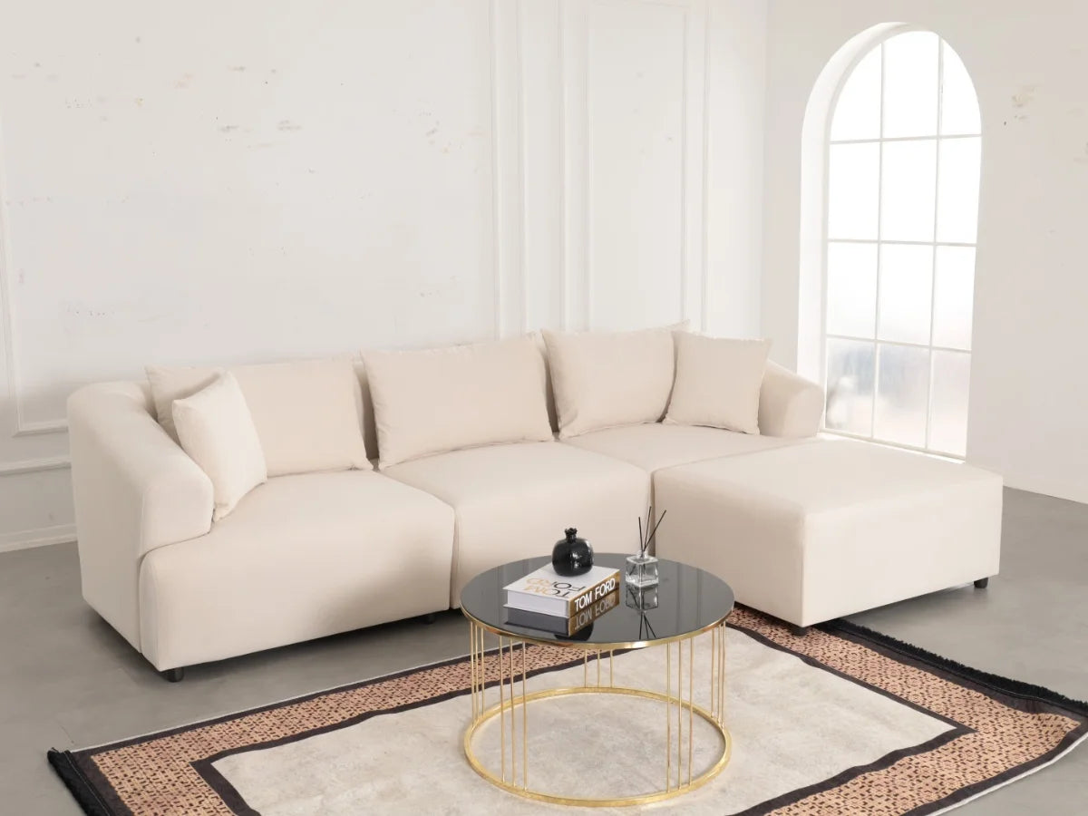 Canapé Modulable Lokkum avec Pouf 3+1 en Velours Blanc Anti-Tâche