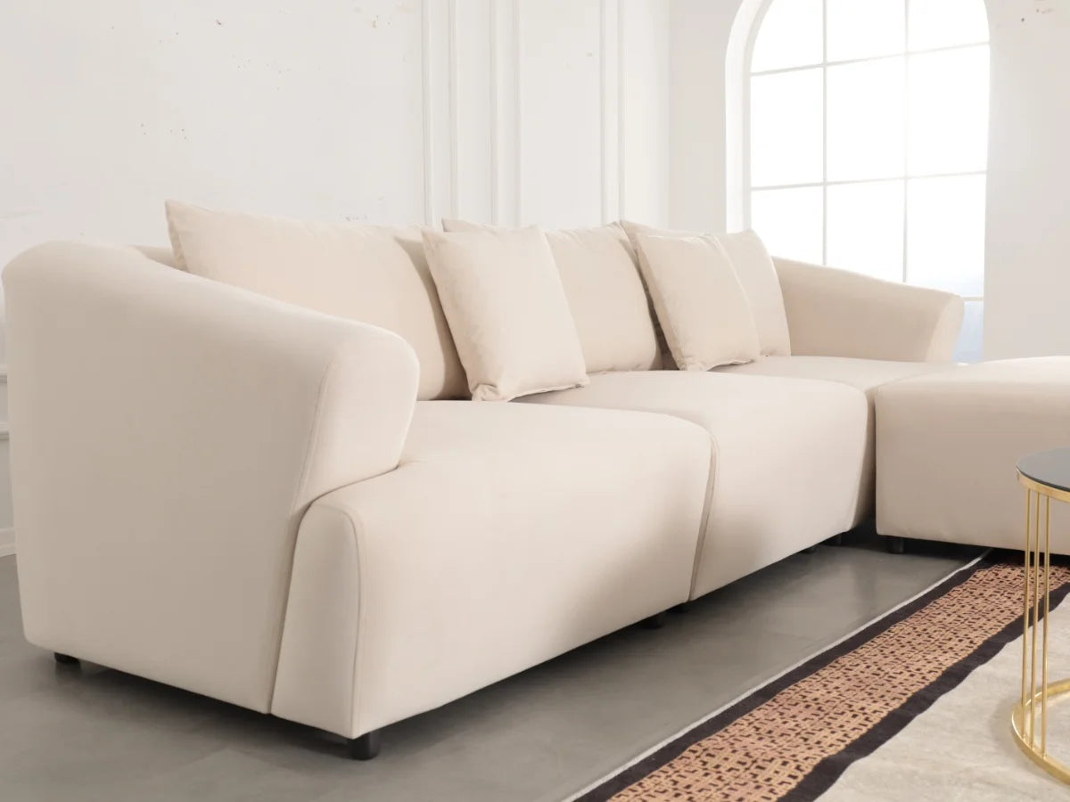 Canapé Modulable Lokkum avec Pouf 3+1 en Velours Blanc Anti-Tâche