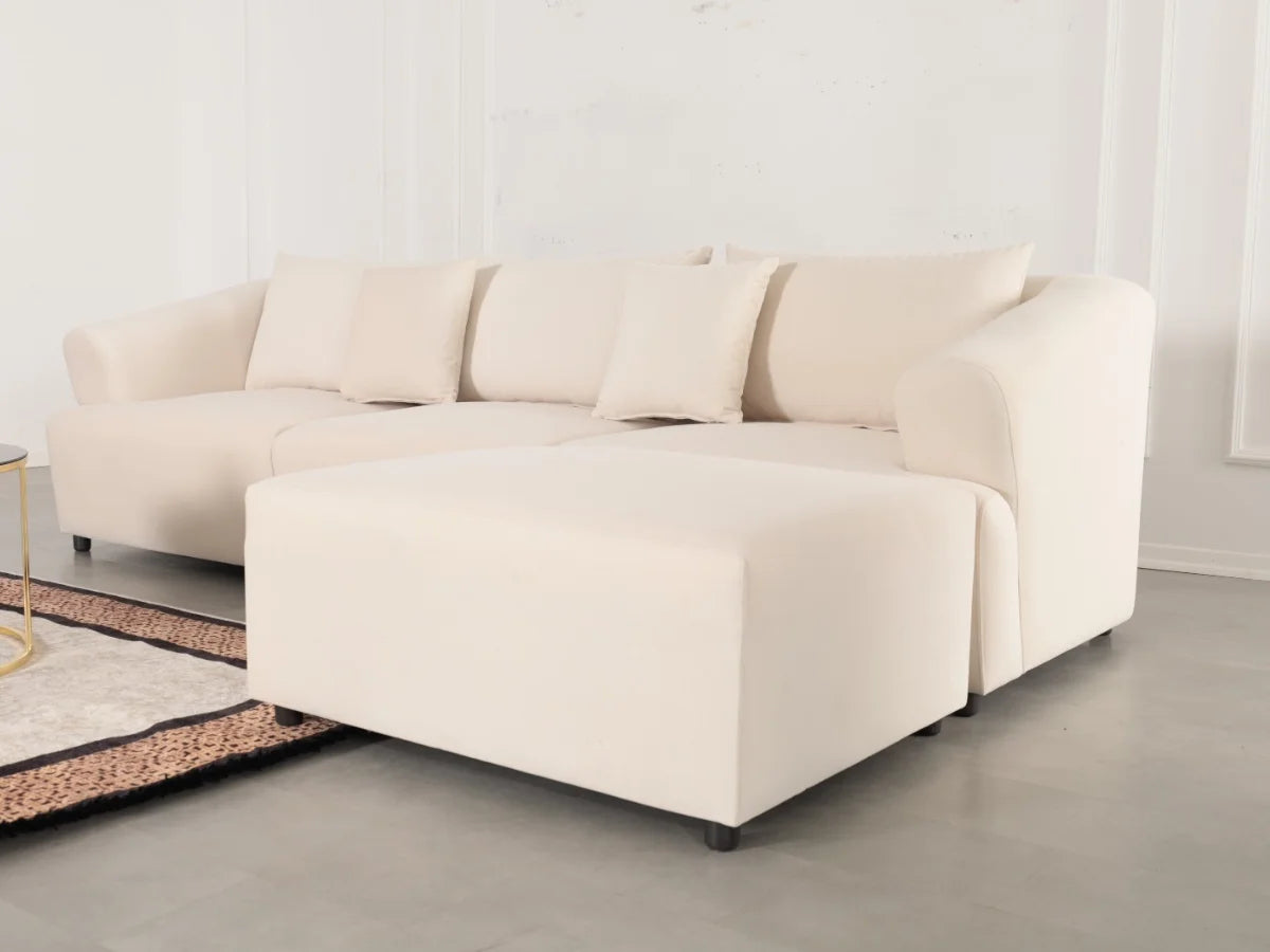 Canapé Modulable Lokkum avec Pouf 3+1 en Velours Blanc Anti-Tâche