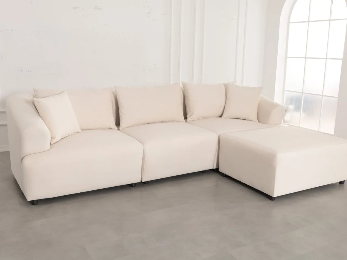 Canapé Modulable Lokkum avec Pouf 3+1 en Velours Blanc Anti-Tâche