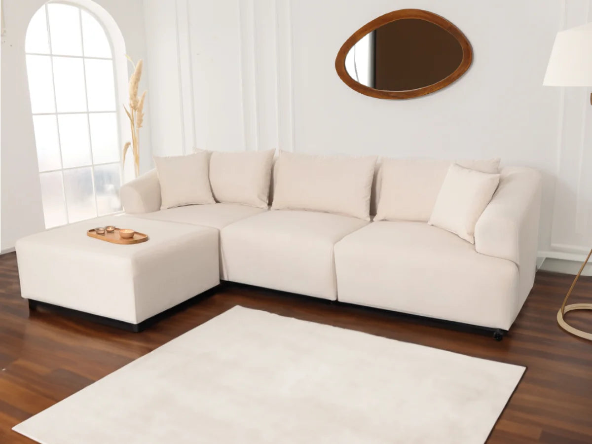 Canapé Modulable Lokkum avec Pouf 3+1 en Velours Blanc Anti-Tâche